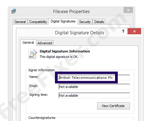Screenshot of the British Telecommunications Plc certificate